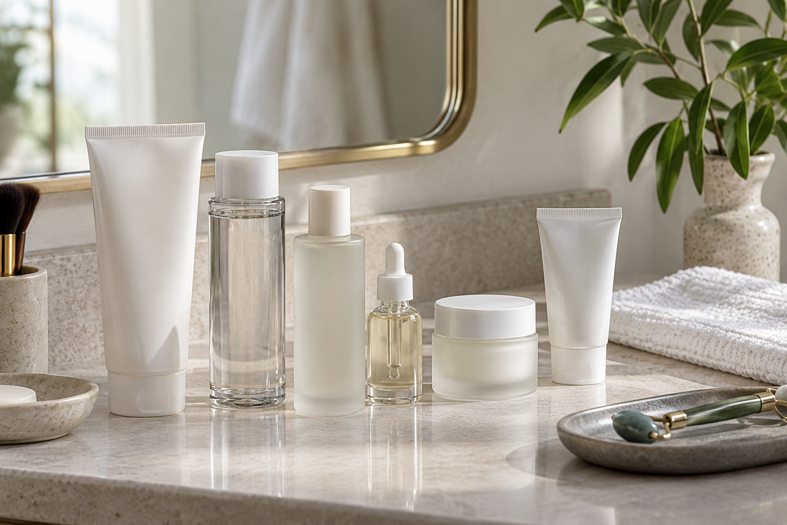 Unbranded skincare bottles arranged on a vanity