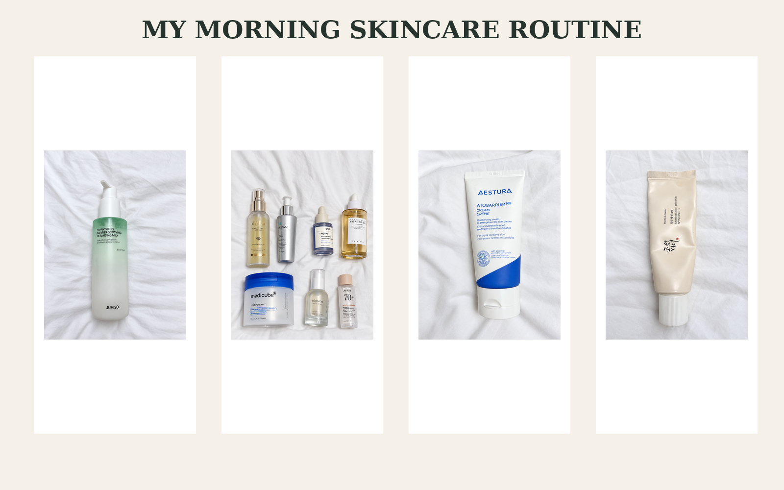 Tracy's morning skincare products arranged together on a light background